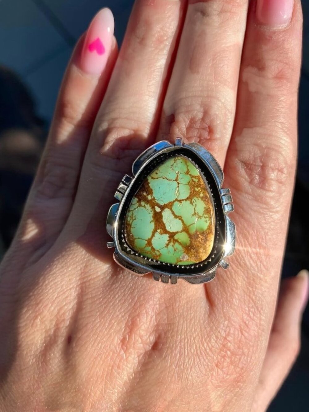 High Horse Silver Montezuma Royston Turquoise & Sterling Saw-cut Shadowbox Ring - Picture 6 of 6